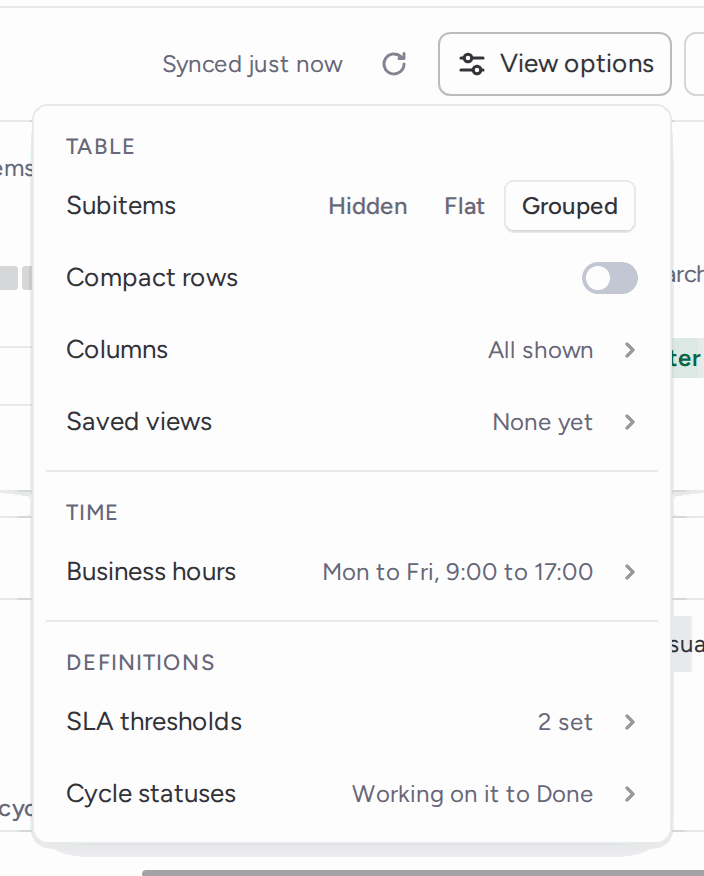 View options popover with Table settings (Subitems, Compact rows, Columns, Saved views), Time (Business hours) and Definitions (SLA thresholds, Cycle statuses)