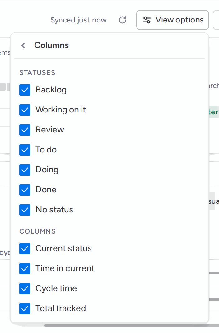Columns page of View options, with a checkbox per status and per metric column