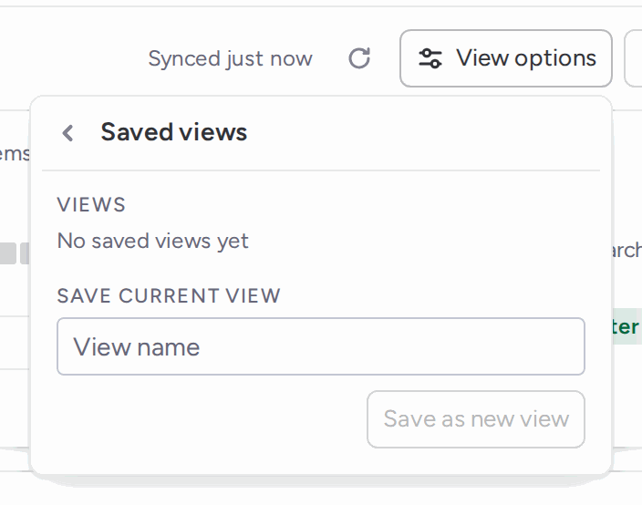 Saved views page of View options, with the list of views and a Save as new view field